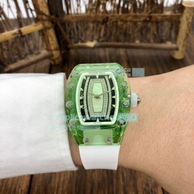 Swiss Quality Replica Richard Mille RM07-02 Green Transparent Diamond Watch White Rubber Strap